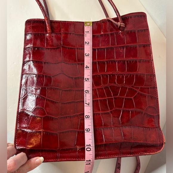 MONSAC Red Crocodile-Embossed Leather Tote Bag Purse W/ Double Handles - Picture 6 of 9